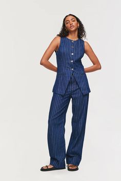 Miso | Straight leg pinstripe jean | ALIGNE Spring Pinstripe Straight Leg Pants, Trendy Straight Leg Pants With Vertical Stripes, Striped Cotton Jeans For Workwear, Pinstripe Straight Leg Cotton Pants, Pinstripe Cotton Straight Leg Pants, Striped Relaxed Fit Straight Leg Jeans, Striped Straight Leg Jeans For Work, Casual Pinstripe Jeans With Straight Leg, Denim Jeans With Vertical Stripes