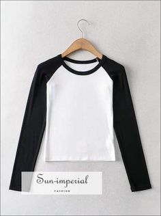 Women White with Black Long Sleeve Colorblock Raglan Rib Fitted T-shirt SUN-IMPERIAL United States Casual Crop Tops, Wide Leg Pant Suit, Parka Women, Fitted Long Sleeve, Womens Sweatshirts Hoods, Y2k Aesthetic Outfits, Crop Top Casual, Style Preppy, Next Clothes