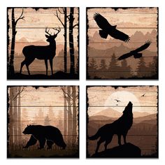 four different pictures of animals and birds in the woods with trees, mountains, and sky