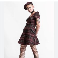 Unique Lovely Red And Black Tartan Dress Made With Comfy, Durable, Stretchy Fabric. Pentagram Zipper Toggle, Faux Leather Punk Suspenders. Neckline Has A Lovely Shape And Piping! Red Fitted Plaid Dress With Short Sleeves, Fitted Red Plaid Dress With Short Sleeves, Punk Suspenders, Killstar Dress, Black Tartan, Tartan Dress, Suspenders, Stretchy Fabric, Red And Black