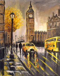 a painting of people walking in the rain near big ben and yellow taxi cabs