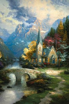 a painting of a house with mountains in the background and a river running through it