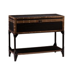 a black and gold chest with two drawers on one side, an open drawer on the other