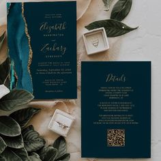 an elegant wedding suite with gold foil on the front and back, matching with emerald green leaves