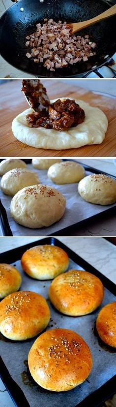 the process of making bread is being made and then baked in an iron skillet