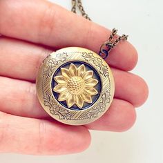 Sunflower Necklace Locket Floral Flower Jewelry Photo Locket Keepsake Gift for Women Gold Brass Locket Necklace Nickel Free, Nickel Free Gold Brass Locket Necklace, Nickel-free Gold Brass Locket Necklace, Handmade Brass Gold Locket Necklace, Gold Bohemian Locket Necklace With Vintage Charm, Handmade Gold Brass Locket Necklace, Gold Vintage Flower Pendant Necklace, Bronze Flower-shaped Jewelry Gift, Bronze Brass Flower Pendant Necklace