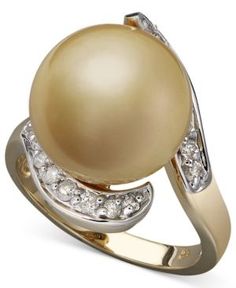 14k Gold Ring, Cultured Golden South Sea Pearl (14mm) and Diamond (1/3 ct. t.w) Summer Rings, Golden Pearl, Victorian Pendants, Pearl Rings, Golden South Sea Pearls, Sea Pearl, Cabochon Ring, Accessories Diy Jewelry, Rings Cool