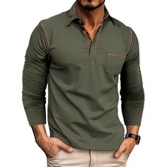 PRICES MAY VARY. [Feature]:These men casual polo shirts with collar can be paired with a casual and business style.Delicate front pocket button design make these Men's long sleeve polo shirts more classy,high stretch,no pilling and no wrinkling,convenient to wear,pair it jeans, casual pants for a stylish look. [Material]:The mens long sleeve tee shirts super soft and lightweight,moderate stretch and fitting cutcomfortable,keep you warm in cold days, making it more comfortable,is true classic tees men. [Design]:The mens fashion polo shirts has a classic basic style,solid color,button closure and classic lapel collar design,casual fit.It features moisture wicking and air permeable,this soft and lightweight polo shirt comes in a variety of colors,classic cut long sleeve soft cotton fabric mak Mens Henley, Casual Long Sleeve Shirts, Tee Shirt Homme, Pullover Shirt, Retro Tshirt, Henley Shirts, Matching Shirts, Shirts & Tops, Casual Outfit