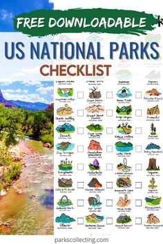 the us national parks checklist is shown with an image of a river and mountains