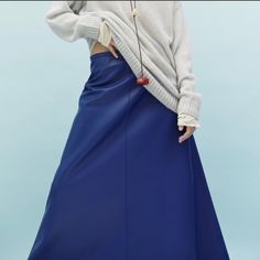 Brand New Faux Leather Layered Zara Skirt Zara Skirt For Fall, Blue Workwear Skirt For Fall, Blue Skirt For Workwear In Fall, Blue Skirt For Workwear During Fall, Blue Skirt For Workwear In Winter, Blue Pleated Skirt For Fall, Blue Midi Skirt For Winter, Elegant Blue Skirt For Fall, Zara Blue Skirt For Spring