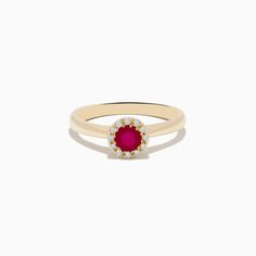 Effy Ruby Royale 14K Yellow Gold Round Diamond Halo Ruby Ring, 0.52 TCW 14k Gold Halo Ring With Prong Setting, 14k Yellow Gold Halo Ring, 14k Gold Cluster Ring Fine Jewelry, Yellow Gold Ruby Halo Ring For Promise, 14k Gold Ruby Ring With Halo Setting, Heirloom Yellow Gold Ruby Ring With Halo Design, Heirloom Ruby Ring In Yellow Gold With Halo Design, Fine Jewelry Yellow Gold Ruby Ring With Halo Setting, Heirloom 14k Gold Cluster Ring With Halo