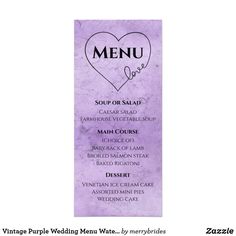 a purple menu card with a heart on it