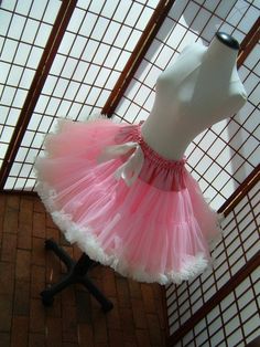 "This listing is for a custom version of the pictured super-full double layer nylon chiffon pettiskirt with satin waist. The pictured pettiskirt was designed for a 27 inch (69cm) waist and is 19 inches (48cm) long. You can choose any length up to 25 inches (63,5cm) long. I will lengthen the tiers to achieve a longer length. The \"look\" of the pettiskirt becomes more A-line as I make it longer. If you would prefer this style in other colors or a solid color, please feel free to contact me with y Pink Fitted Organza Skirt, Fitted White Organza Skirt, White Fitted Organza Skirt, Fitted Pink Petticoat With Ruffled Skirt, Waist Measurement, Candy Pink, Sewing Pattern Design, Polyester Satin, Pink Candy