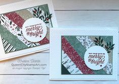 two christmas cards with the words merry bright on them