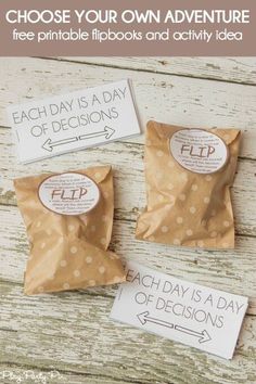 three brown bags with white polka dots on them and the text, choose your own adventure free printable flipbooks and activity ideas