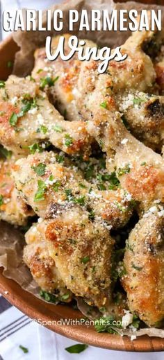 garlic parmesan wings in a brown bowl