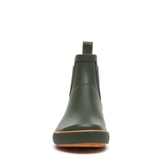 Slide on Rainbow, a slick green women's Chelsea boot with a treaded sole and pop of orange color along the footbed. Perfect for rainy days calling for a modern look. Rocket Dog women's rain boot Olive green rubber upper with orange stripes on footbed Heel loop for easy on and off Treaded sole Rubber surrounding footbed Round toe Ankle rise shaft Casual Green Slip-resistant Rain Boots, Green Rubber Sole Rain Boots For Outdoor, Casual Green Insulated Waterproof Boots, Casual Green Ankle Boots, Green Waterproof Boots For Rainy Weather, Green Weatherproof Rain Boots For Fall, Green Weatherproof Outdoor Boots, Green Casual Waterproof Slip-resistant Boots, Green Casual Slip-resistant Waterproof Boots