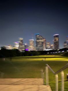 the city skyline is lit up at night, with people walking on the grass in the foreground