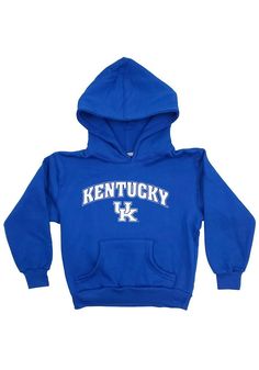 Keep your little Kentucky fan warm with this Kentucky Wildcats Long Sleeve Hoodie! They'll be cozy for the game in this Kentucky Toddler Blue Arch Mascot Hooded Sweatshirt. This Wildcats Long Sleeve Hoodie features a screen print team graphic for the ultimate expression of pride. Fleece Hoodie, Two needle cover stitch armhole, cuff, and bottom hem, Taped neck, Screen print team graphic, Kangaroo pocket, 80% Cotton / 20% Polyester Team-colored Cotton Hooded Top, Blue Hooded Top For College, Blue Long Sleeve Pre-shrunk Hoodie, Hooded Tops For Game Day In Winter, Hooded Winter Tops For Game Day, Cozy Fit Blue Hooded Top, Winter School Blue Hoodie, Blue Hooded Sweatshirt For School, Blue Winter Fan Apparel Hoodie