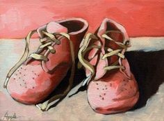 a painting of two pink shoes on a red and white striped floor with an orange wall in the background