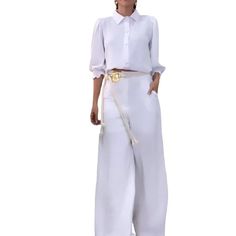 Women's Solid Color Shirt Elegant Wide Leg Pants Two Pieces Suit Chic White Wide Leg Pants For Office, White Long Sleeve Pantsuit For Spring, White Long Sleeve Pantsuit For Summer, White Long-sleeve Summer Pantsuit, White Long Sleeve Summer Pantsuit, White Long Pants Sets For Spring, Casual White High Waist Sets, White Wide Leg Pants For Spring Office Wear, Spring White Wide Leg Office Pants