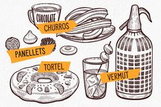 an image of food that is labeled in different languages, including donuts and other things