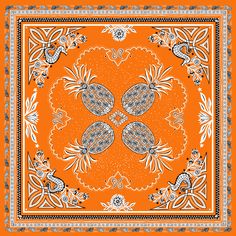 an orange and black square scarf with paisley designs on it's edges, in the middle