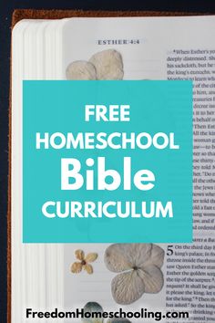 an open bible with the words free homeschool bible curriculum