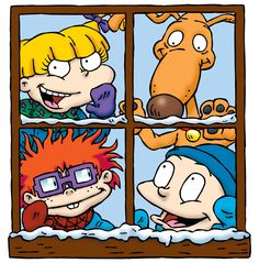 cartoon characters looking out the window at an animal and snow covered ground, with one person wearing