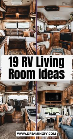 the inside of an rv with text overlay that reads 19 rv living room ideas