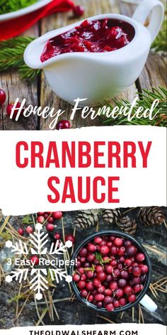 cranberry sauce in a white bowl with berries and pine cones on the side