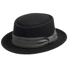 The classic pork pie hat, remade for today's man. 100% wool felt construction, with a genuine feather accent, and the quintessential flat top and circular indentation that sets this style apart. Riff is just the topper needed for an evening out at the billiard hall, or drinks at the speakeasy. Be the center of attention at a party, or catch a concert zoot-suit style, and let your attitude shine. Dance to your own tune andmake your statement. Classic Felt Hat Bands For Fall, Classic Fall Felt Hat Bands, Classic Fedora Felt Hat For Derby, Formal Winter Boater Hat With Flat Brim, Fall Fur Felt Boater Hat With Flat Crown, Formal Fur Felt Boater Hat With Short Brim, Classic Top Hat With Flat Crown For Kentucky Derby, Formal Felt Fedora With Flat Brim, Classic Boater Hat For Kentucky Derby