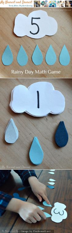 the steps to make rainy day math game for kids with raindrops and clouds