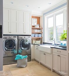 a washer and dryer sitting in a kitchen next to a window with open shelving