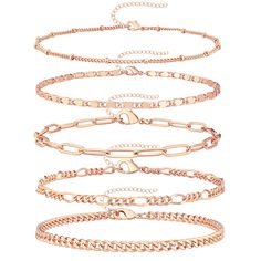 PRICES MAY VARY. 【Not Tarnish Rose Gold Anklet】14K gold plated over brass,never faded,nickel free, hypoallergenic and NOT tarnish， wont your wear it everyday though, even in the shower or wear socks and shoes. 【5 Separate Layered Ankle Bracelet】It comes five separate chains, and various chain styles are available for you to choose. Including satellite chain/paperclip link chain/mirror chain/figaro chain/cuban chain. You can combine and match them at will. 【Adjustable bracelets】These silver ankle Black Anklet, Rose Gold Anklet, Gold Jewelry Set, Gold Jewelry Gift, Gold Jewelry Sets, Gold Anklet, Figaro Chain, Ankle Bracelet, Chain Anklet