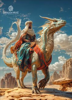 a man riding on the back of a white dragon in front of a blue sky