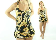 1970s One Piece Swimsuit Swimwear Bathing Suit Tank Skirt Black Paisly Abstract Floral Vintage 70s M Fitted Sleeveless Swimwear With Paisley Print, Fitted Paisley Print Sleeveless Swimwear, Fitted Sleeveless Paisley Print Swimwear, Fitted Sleeveless Gold Swimwear, Fitted Gold Sleeveless Swimwear, Gold Fitted Sleeveless Swimwear, Medium Well, Black One Piece Swimsuit, Suit Black