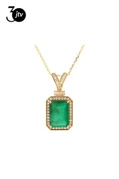 4.95 Ctw Emerald and 0.36 Ctw White Diamond Pendant in 14K YG W/Chain Metal-4.39 Grams 14k Gold Jewelry With Pave Setting And Baguette Cut, 14k Gold Jewelry With Baguette Cut And Pave Setting, 14k Gold Baguette Cut Jewelry With Pave Setting, 14k Yellow Gold Diamond Necklace With Halo Setting, Dazzling Diamond Necklace In Yellow Gold, 14k Yellow Gold Emerald-cut Diamond Necklace, 14k Yellow Gold Emerald Cut Diamond Necklace, Emerald Cut 14k Yellow Gold Diamond Necklace, Luxury Yellow Gold Diamond Necklace With Halo Setting