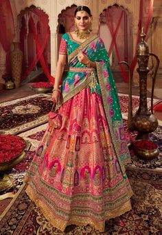 Pink banarasi silk lehenga choli 10256 Desc: Style : Circular Lehenga Choli Color : Pink Fabric : Banarasi Silk Work : Sequence Embroidery Wash Care : Dry clean Sleeve Style : Short Sleeve Long Sleeves : Done only in Custom Stitch Sleeves Lining : Done only in Custom Stitch Bust Size : 32 to 42 Inches Occasion : Wedding Mehendi Sangeet Bridesmaid Reception Baby Shower Teej Engagement. With Express Free Shipping Buy Lehenga - Indian Party wedding and bridal Pink banarasi sil... Elegant Lehenga, Indian Wedding Lehenga, Lehenga Design, Yellow Lehenga, Designer Bridal Lehenga, Saree Gown, Pink Lehenga, Traditional Indian Outfits, Ghagra Choli