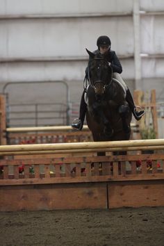 a person on a horse jumping over an obstacle