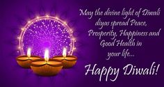 happy diwali greeting card with three lit candles and fireworks in the sky on purple background