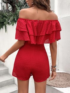 Make a bold fashion statement with the Off Shoulder Ruffle Trim Romper Without Belt! This stylish romper features an off-the-shoulder neckline, short sleeves with layered ruffles, and tiered layers. The medium stretch fabric allows it to fit comfortably while still maintaining its shapely silhouette. With a high waistline and regular fit, you'll look chic no matter what the occasion. Specifications: Style: Casual Pattern Type: Plain Type: Shirt Details: Ruffle, Tiered Layer Length: Short Fit Type: Regular Fit Neckline: Off the Shoulder Sleeve Length: Short Sleeve Sleeve Type: Layered Sleeve Waist Line: High Waist Fabric: Medium Stretch Material: Fabric Composition: 100% Polyester Care Instructions: Machine wash or professional dry clean Product Measurements(cm): Size US Bust Hip Size Insea Trendy Off-shoulder Jumpsuits And Rompers For Summer, Fitted Off-shoulder Ruffled Jumpsuit/romper, Fitted Off-shoulder Jumpsuit With Ruffles, Fitted Off-shoulder Ruffled Jumpsuit, Casual Red Ruffled Jumpsuits And Rompers, Casual Red Jumpsuits And Rompers With Ruffles, Casual Off-shoulder Jumpsuits And Rompers With Ruffles, Summer Jumpsuit With Ruffles And Short Sleeves, Summer Jumpsuits And Rompers With Ruffles