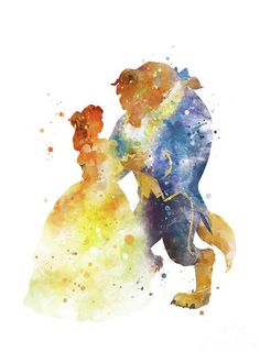 beauty and the beast watercolor art print by white lotus - disney princess silhouettes