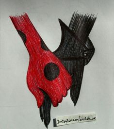 a drawing of a black bird with red wings