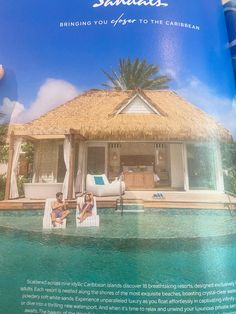 an advertisement for a resort with two people sitting on chairs in front of the pool