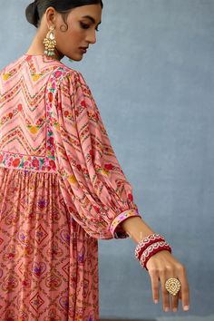 Pink flared dress with all-over multi colored spades, clubs, diamonds, hearts and floral prints. - Aza Fashions Pink Maxi, Flared Dress, U Neck, Pink Cotton, Dress For Women, Dress Pattern, Cotton Silk, Aza Fashion, Flare Dress