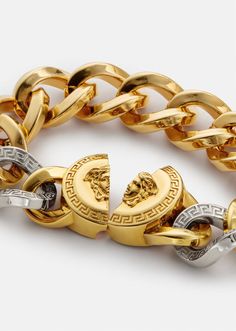 Quintessentially Versace, this chunky chain bracelet is embellished with a bold Medusa medallion. All Versace Jewelry items are lead and nickel free. All materials are hypoallergenic. Luxury Metal Bracelet With Chunky Chain, Luxury Gold-tone Bracelet With Chunky Chain, Luxury Metal Chunky Chain Bracelet, Designer Wishlist, Gold Outfits, Medusa Medallion, Versace Bracelet, Chain Bracelet For Women, High Jewelry Ring