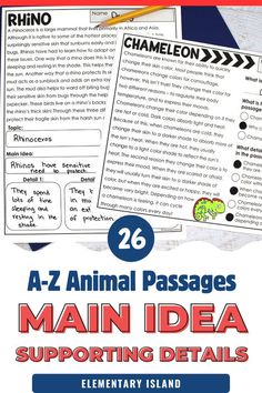 an animal passage is shown with the text reading,'a - z animal passagess main idea supporting details elementary island