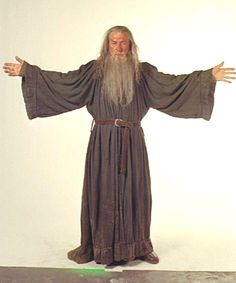 an old man with long gray hair and beard wearing a brown robe, standing in front of a white background