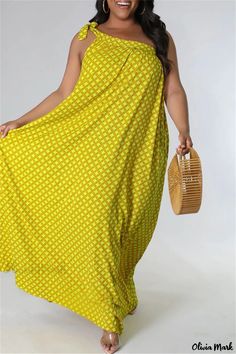 Olivia Mark - Oblique-Collared, Sleeveless Plus Size Dress with Eye-Catching Yellow Floral Print and Stunning Backless Detail Strapless Green Sleeveless Dress For The Beach, Yellow Sleeveless Halter Sundress, Yellow Strapless Casual Maxi Dress, Casual Yellow Strapless Maxi Dress, Yellow Halter Neck Sleeveless Dress For Vacation, Yellow Halter Neck Sleeveless Sundress, Yellow Sleeveless Maxi Dress For Vacation, Bohemian Dresses Long, Dress Sleeve Styles